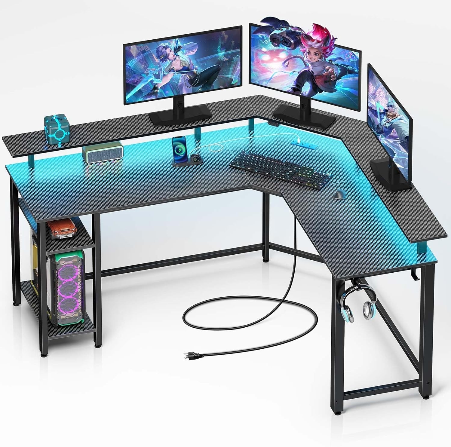 L Shaped Gaming Desk with LED Lights & Power Outlets, 46.2" Computer Desk with F