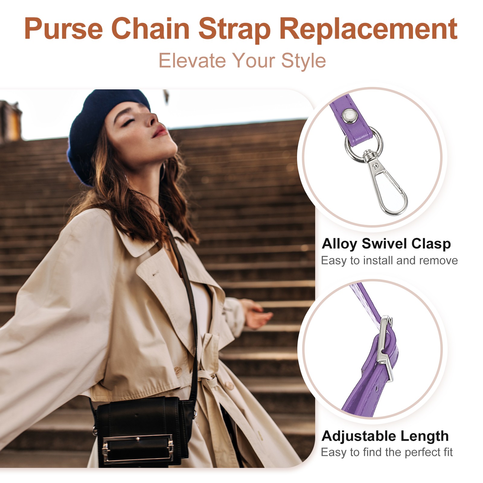 47" Adjustable PU Leather Purse Strap with Silver Hardware Purple