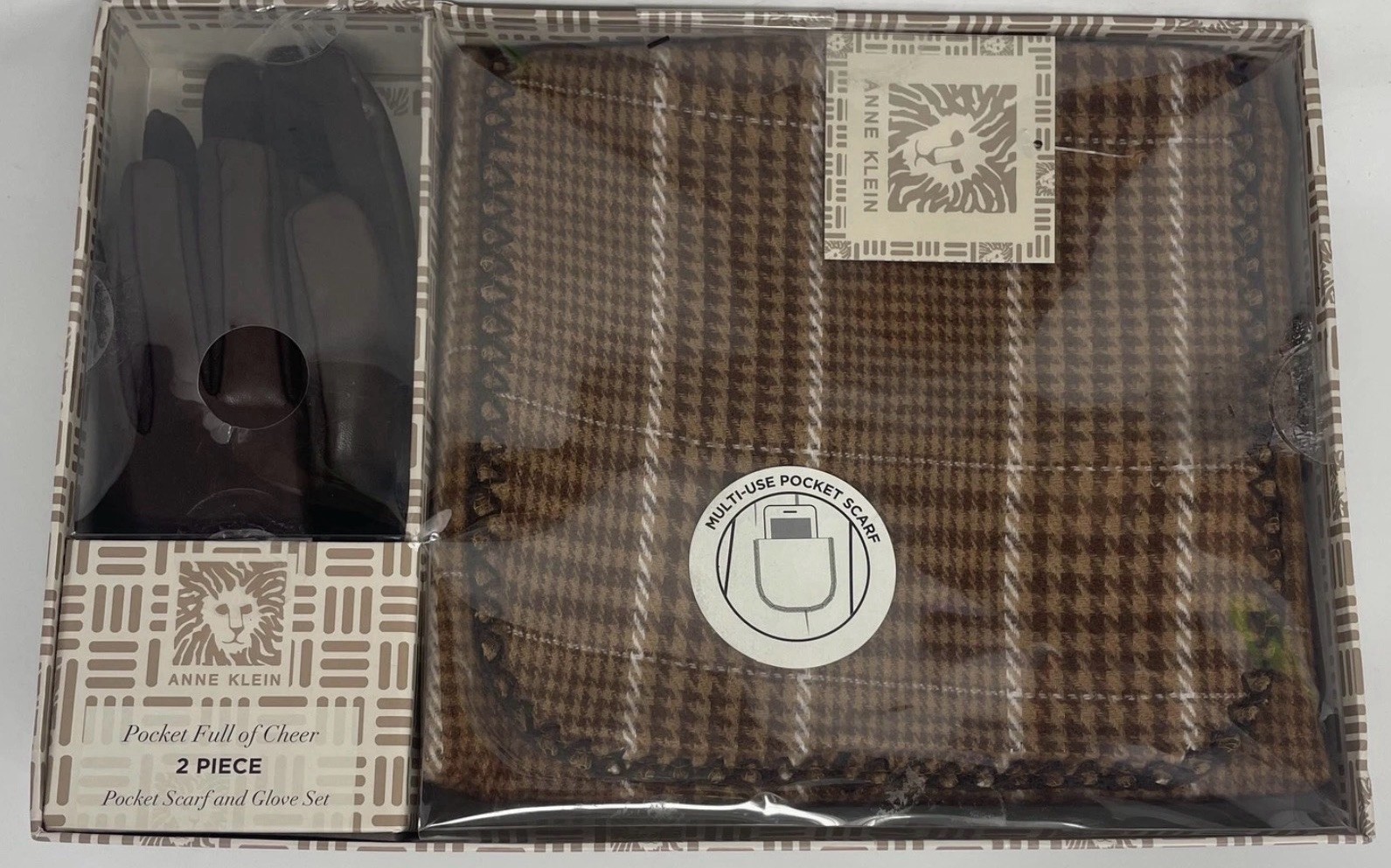 Anne Klein Womens Multicolor Brown Pocket Full Of Cheer Scarf Gloves 2 Piece Set