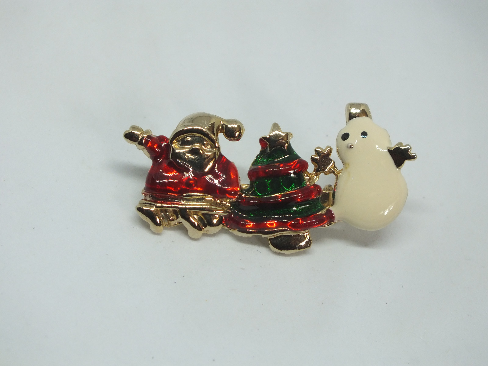 Beautiful Brooch Pin Gold Tone Holiday Santa Tree Frosty Enamel 1 3/4 x 3/4"