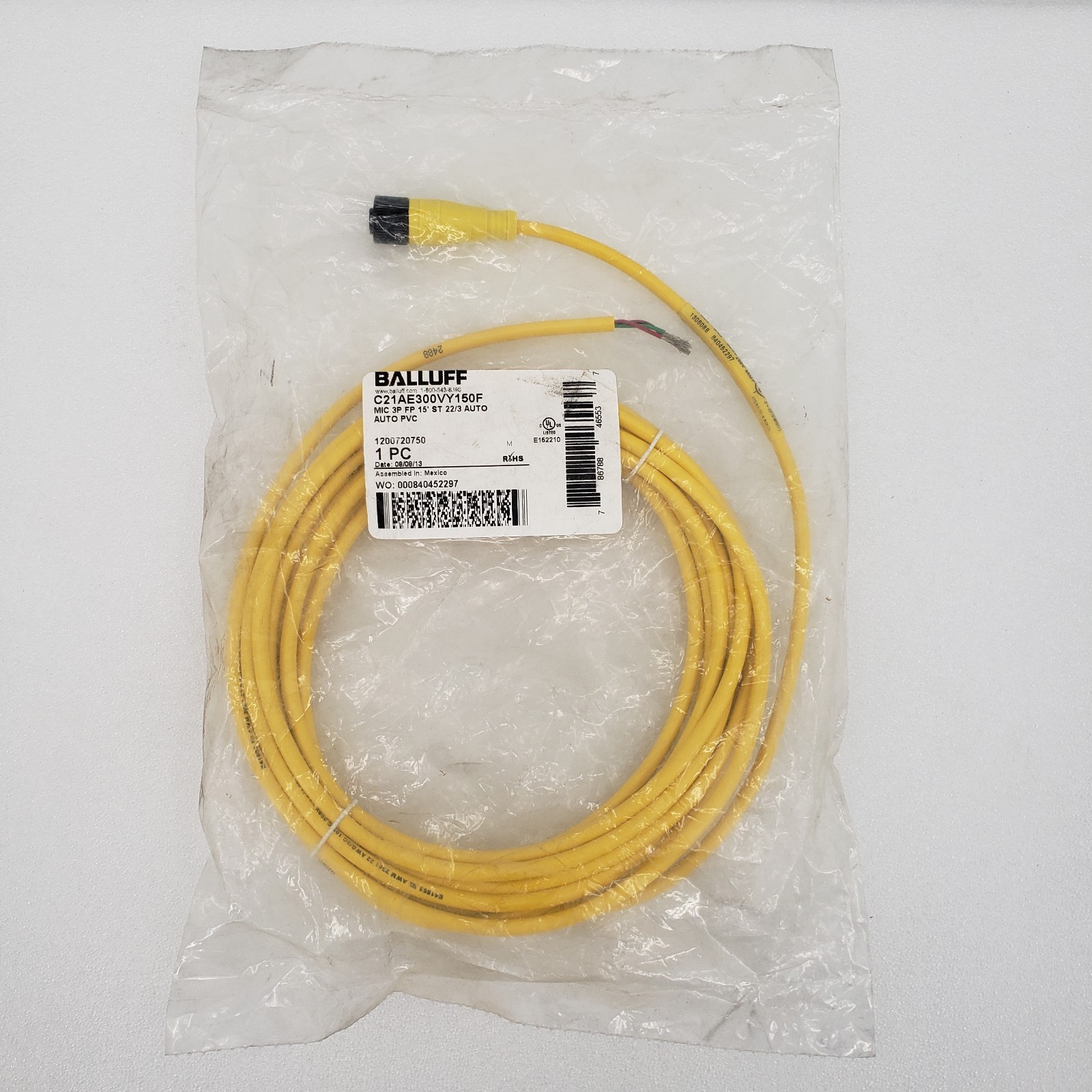 Balluff C21AE300VY150F Female Connector 3 Pin 15 Foot Cord Set Cable