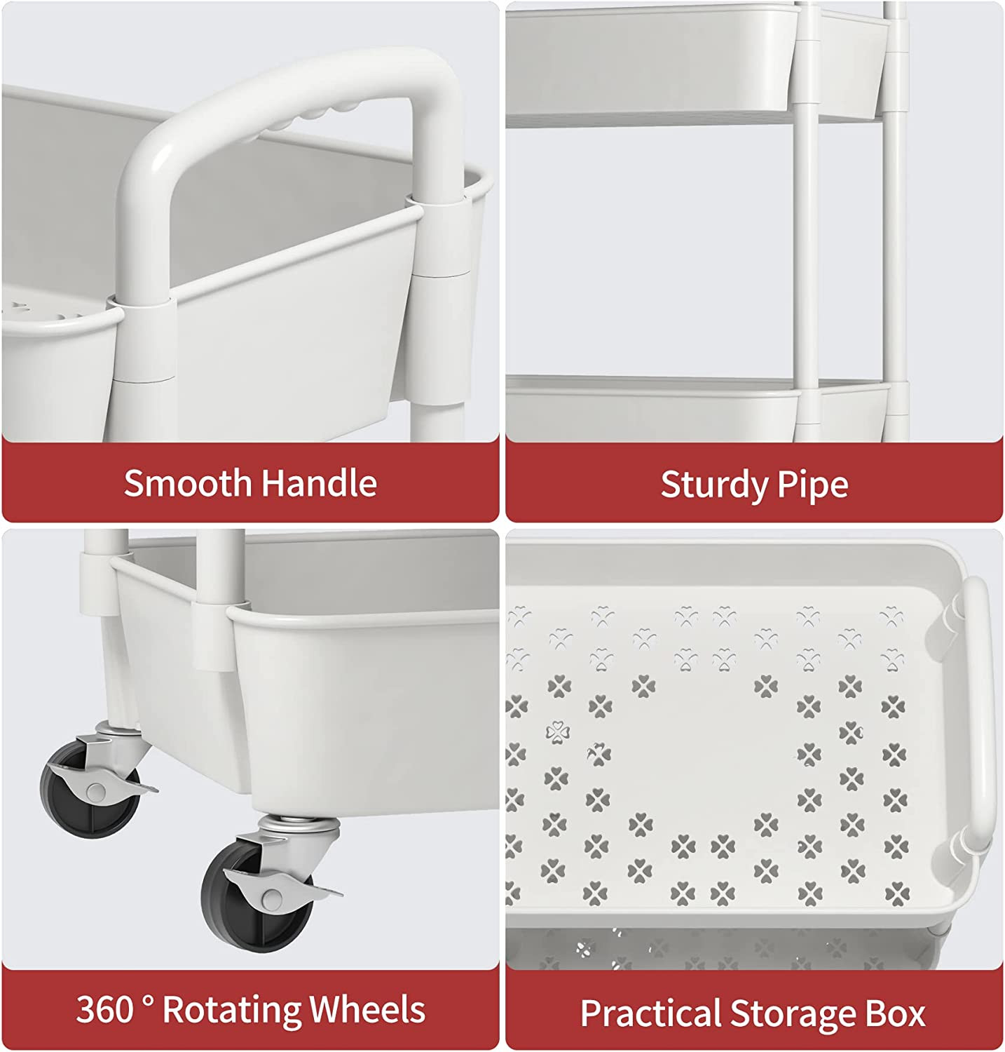 3-Tier Plastic Rolling Utility Cart with Handle, Multi-Functional Storage Trolle