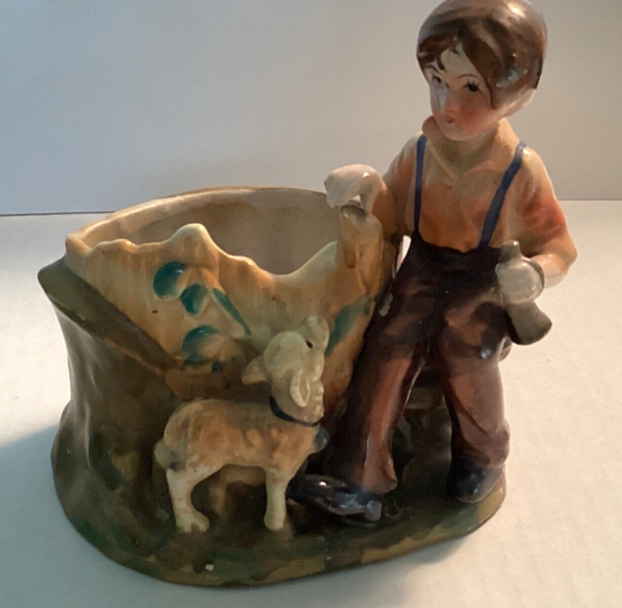 Occupied Japan Hand Painted/Crafted Planter - Boy w/Lamb