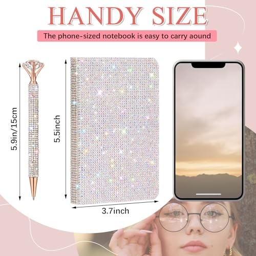 Rhinestone Notebook Pen Sets Glitter Pocket Notebook Crystal A6 Silver Classic