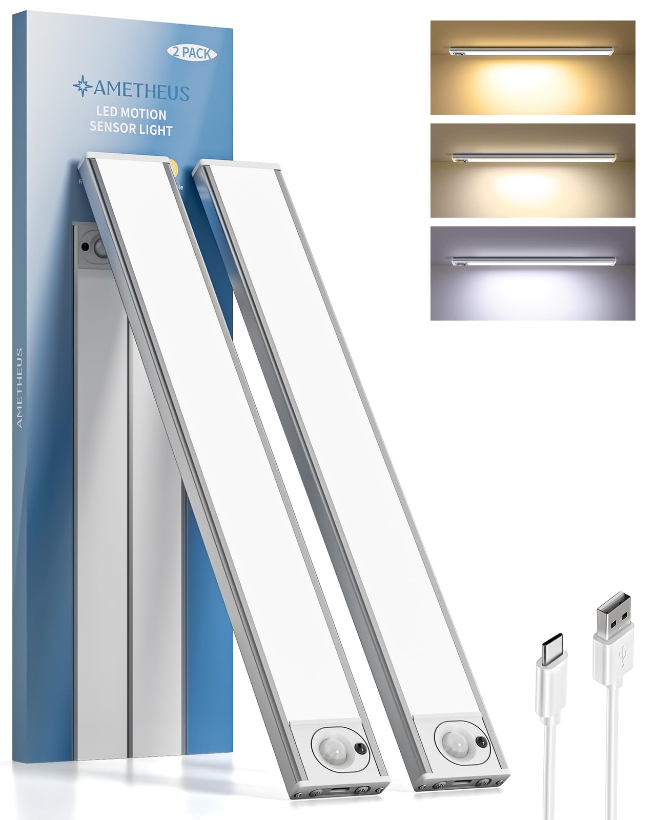 2Pack 16inch Under Cabinet Lighting, Rechargeable Motion Light Indoor, Dimmab...