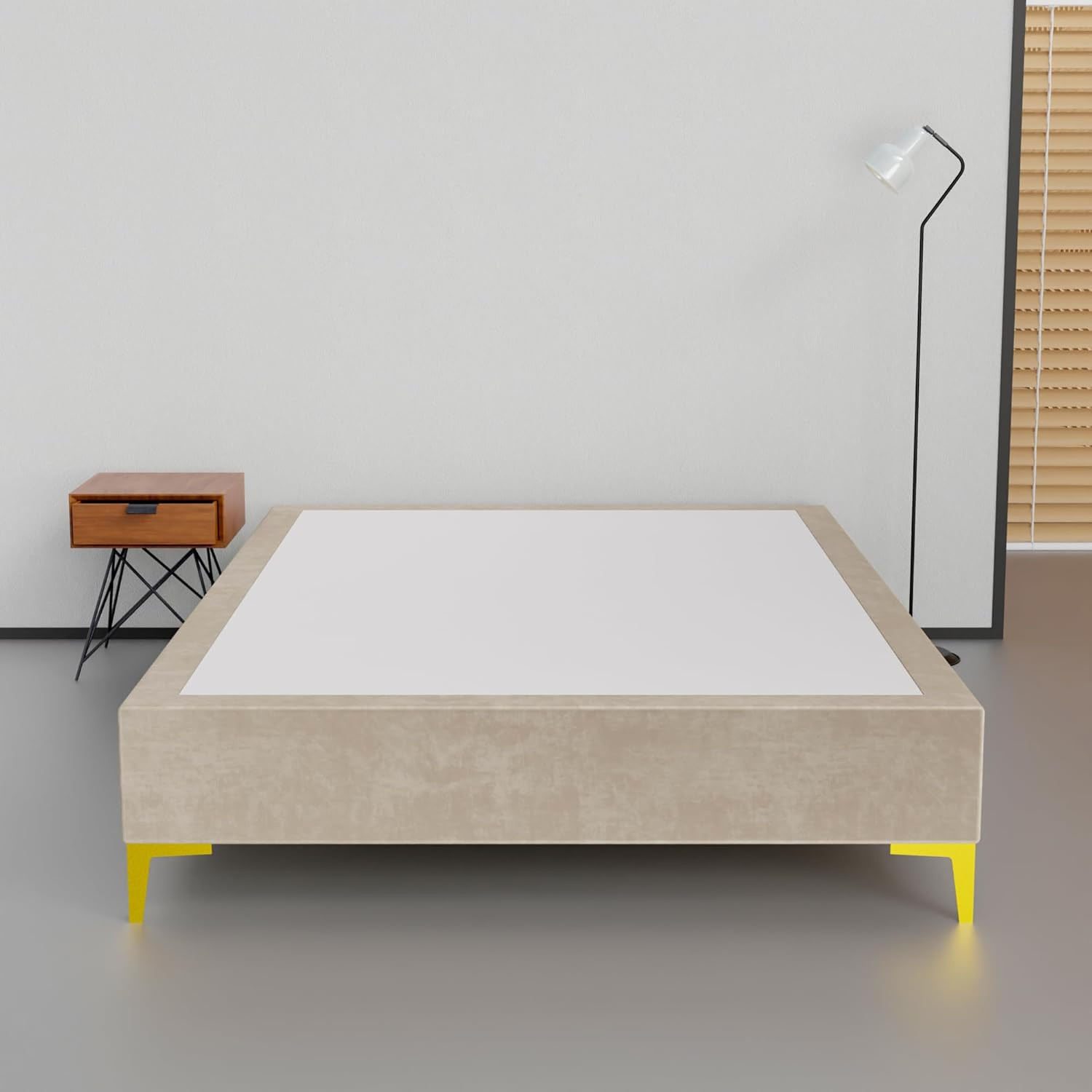15" Velvet Wood Platform Bed, Queen, No Box Spring, Gold Legs, Beige