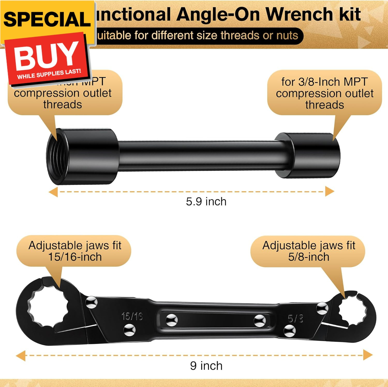 3 in 1 Plumbing Tools Angle Stop Wrench Kit with Compression Sleeve Puller Tool,