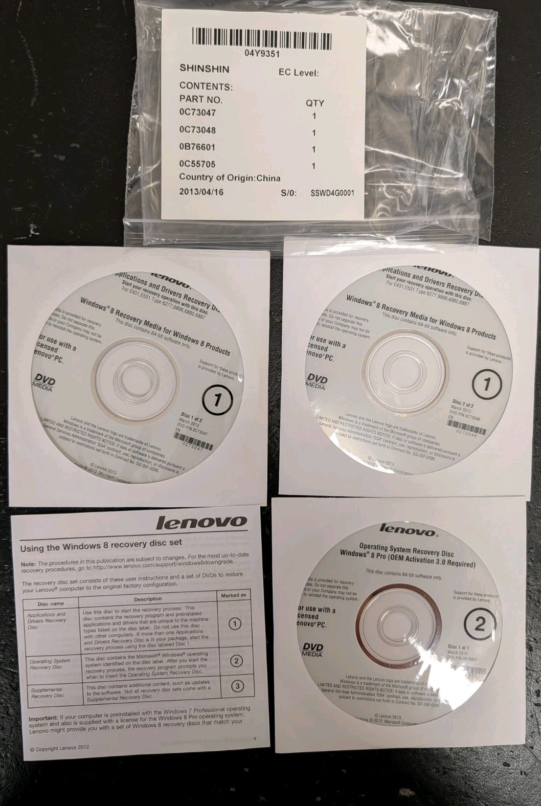 Genuine Lenovo Recovery (Reinstallation) DVD Set For Windows 8 Pro. E431, E531