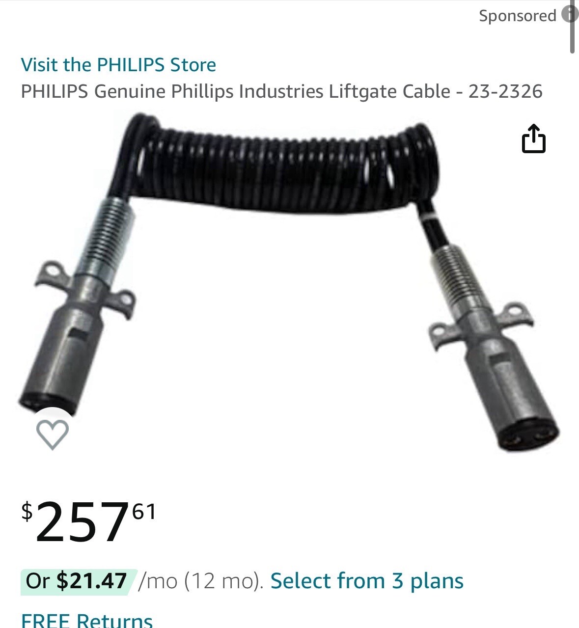Phillips 12' Liftgate Charging Cable Assembly (Dual Pole) #23-2326