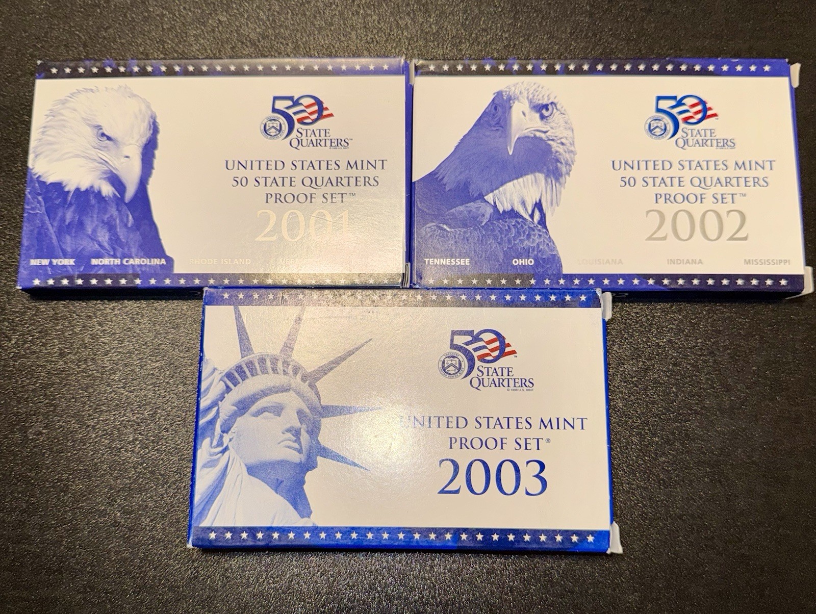 2001 & 2002 US Quarter Proof Sets & 2003 Mint Proof Set - Lot Of 3