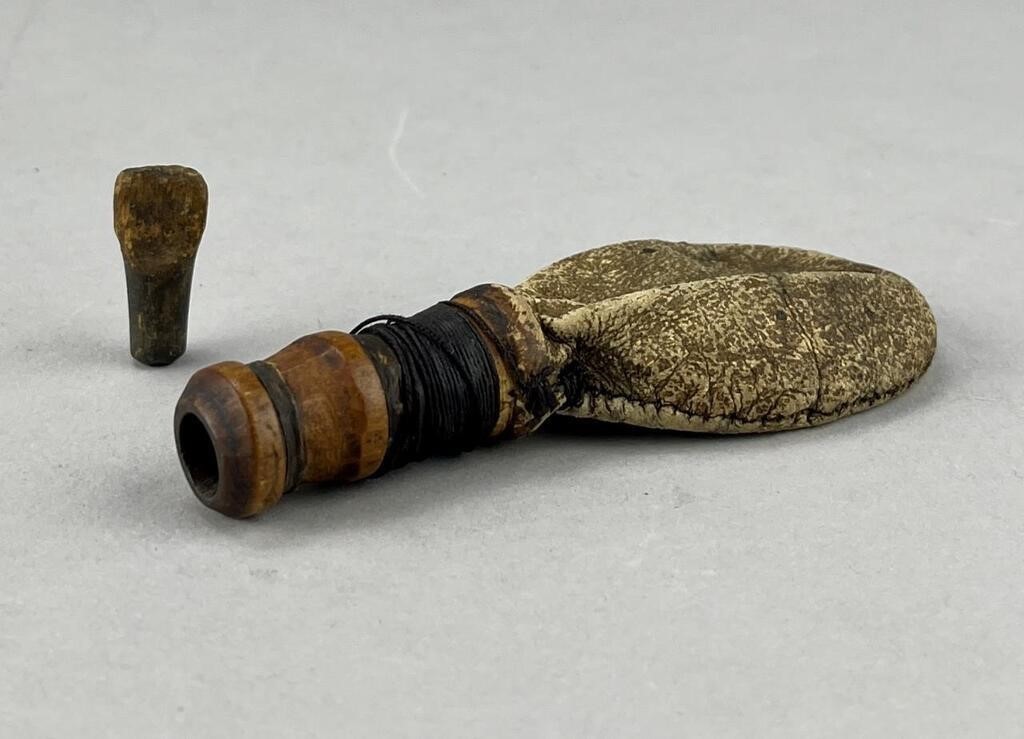 Late 18th / Early 19th Century Leather & Wood Shot Pouch or Shot Bag