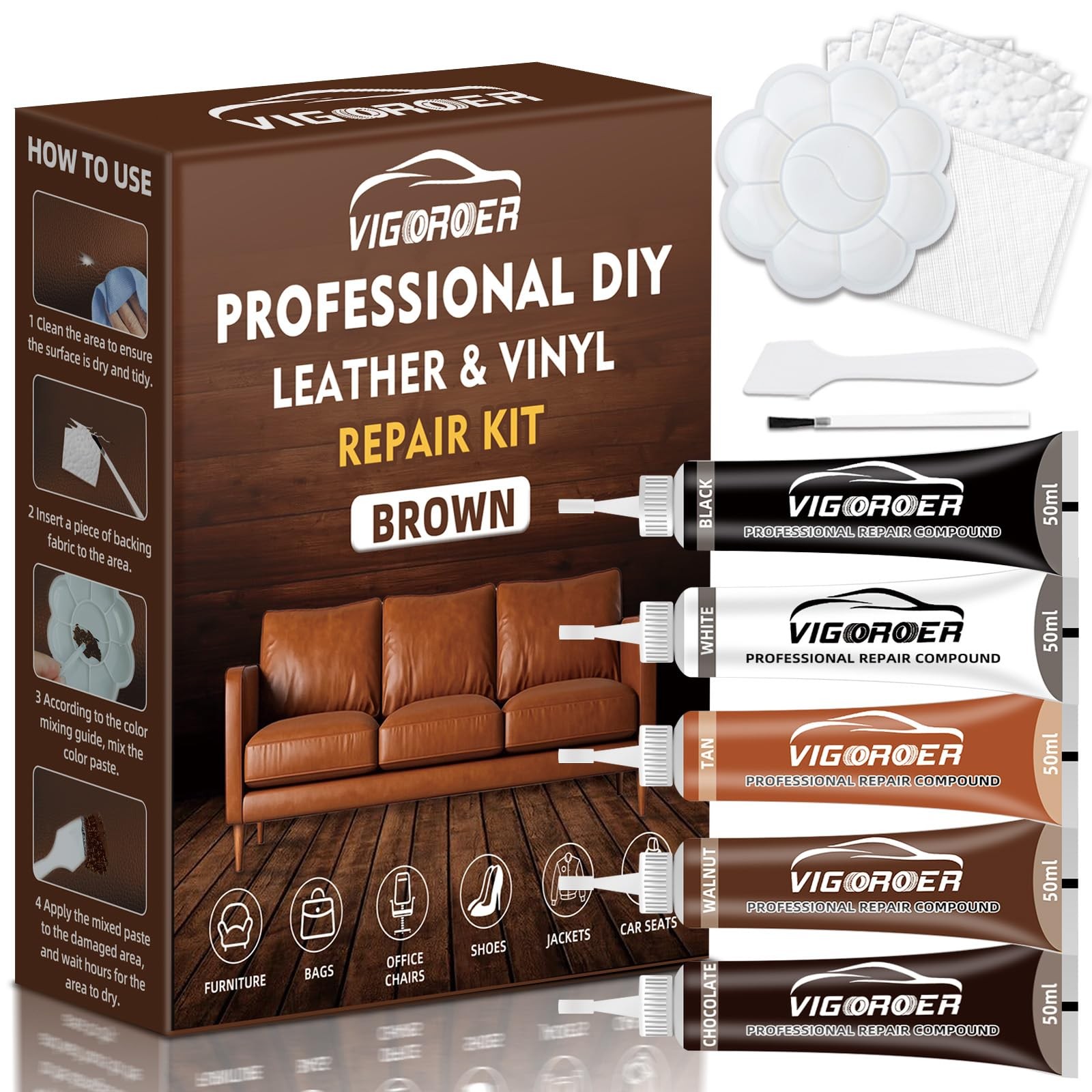 Brown Leather Repair Kit for Furniture, Leather Couch Repair Kit for Car Inte...