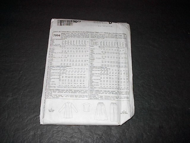 McCall's Pattern 7994 Misses' Jacket, Vest, Pull-On Pants, Pull-On Skirt 8~12 U