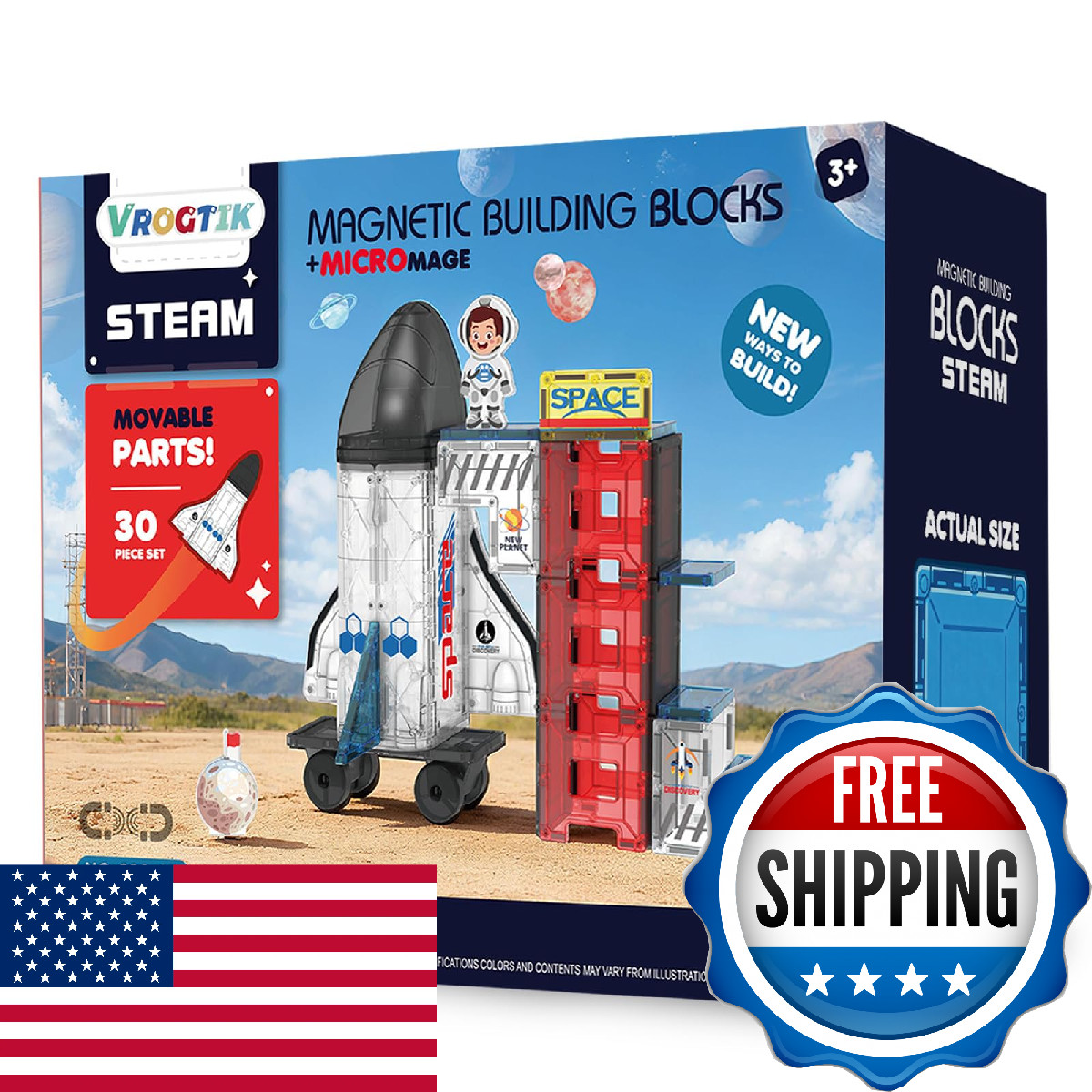 VROGTIK Space Magnetic Tiles for Kids, 30 Piece STEM Magnetic Building Blocks Se