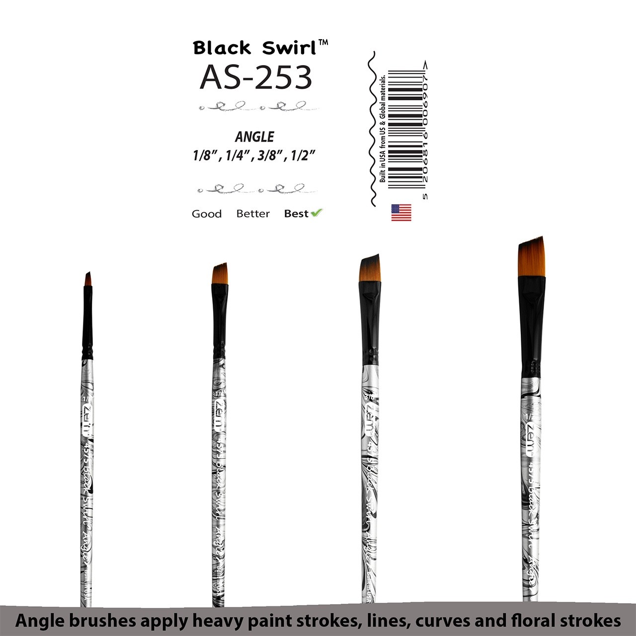 AS-253 Black Swirl Synthetic Angle Brush Set 4 pcs