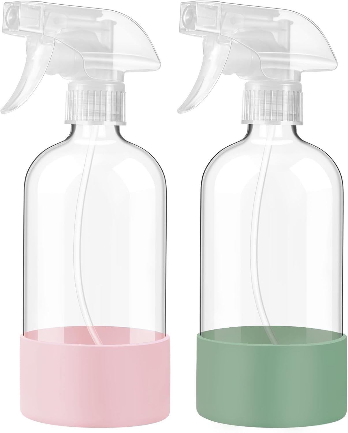 16oz Glass Spray Bottles 2-Pack w/ Silicone Sleeve, Leak-Proof Nozzle