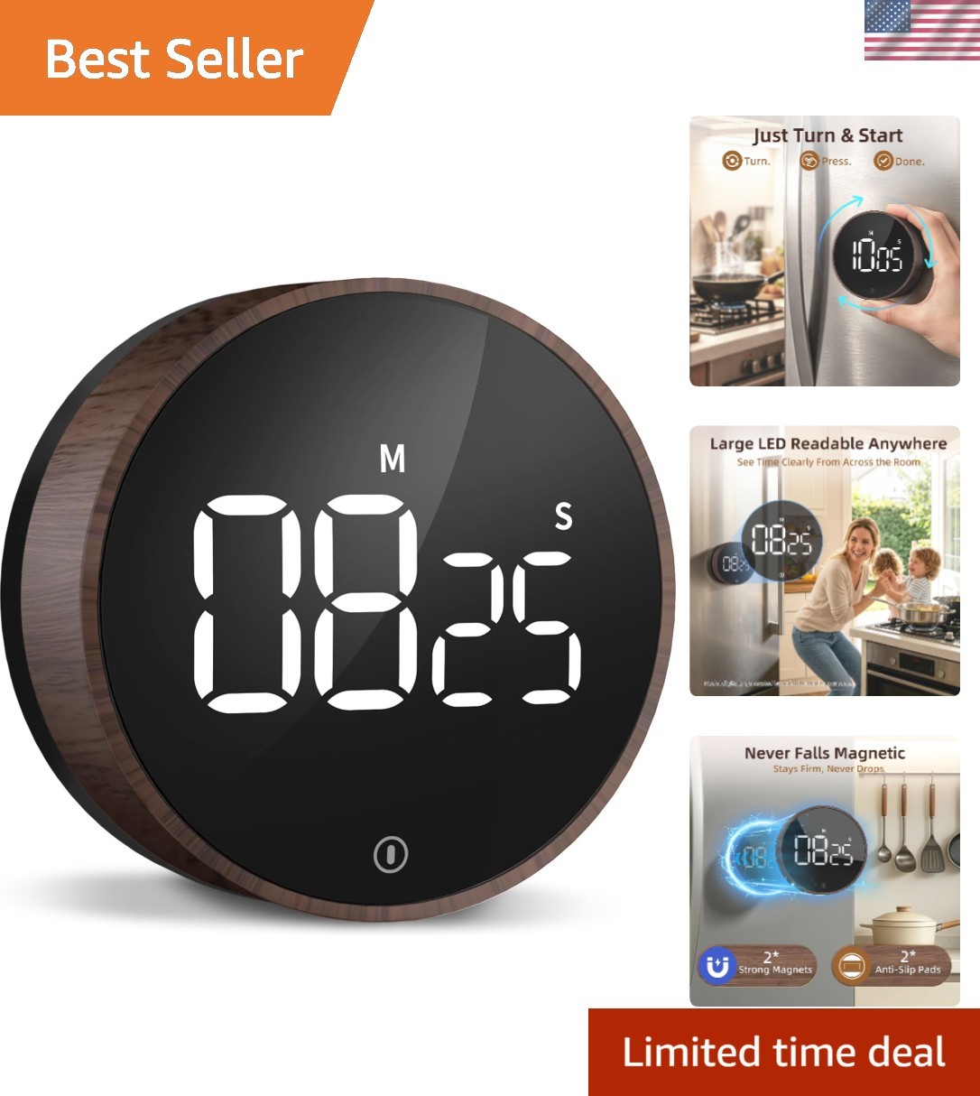 Digital Magnetic Kitchen Timer & Stopwatch with LED Display, Woodgrain | Up t...