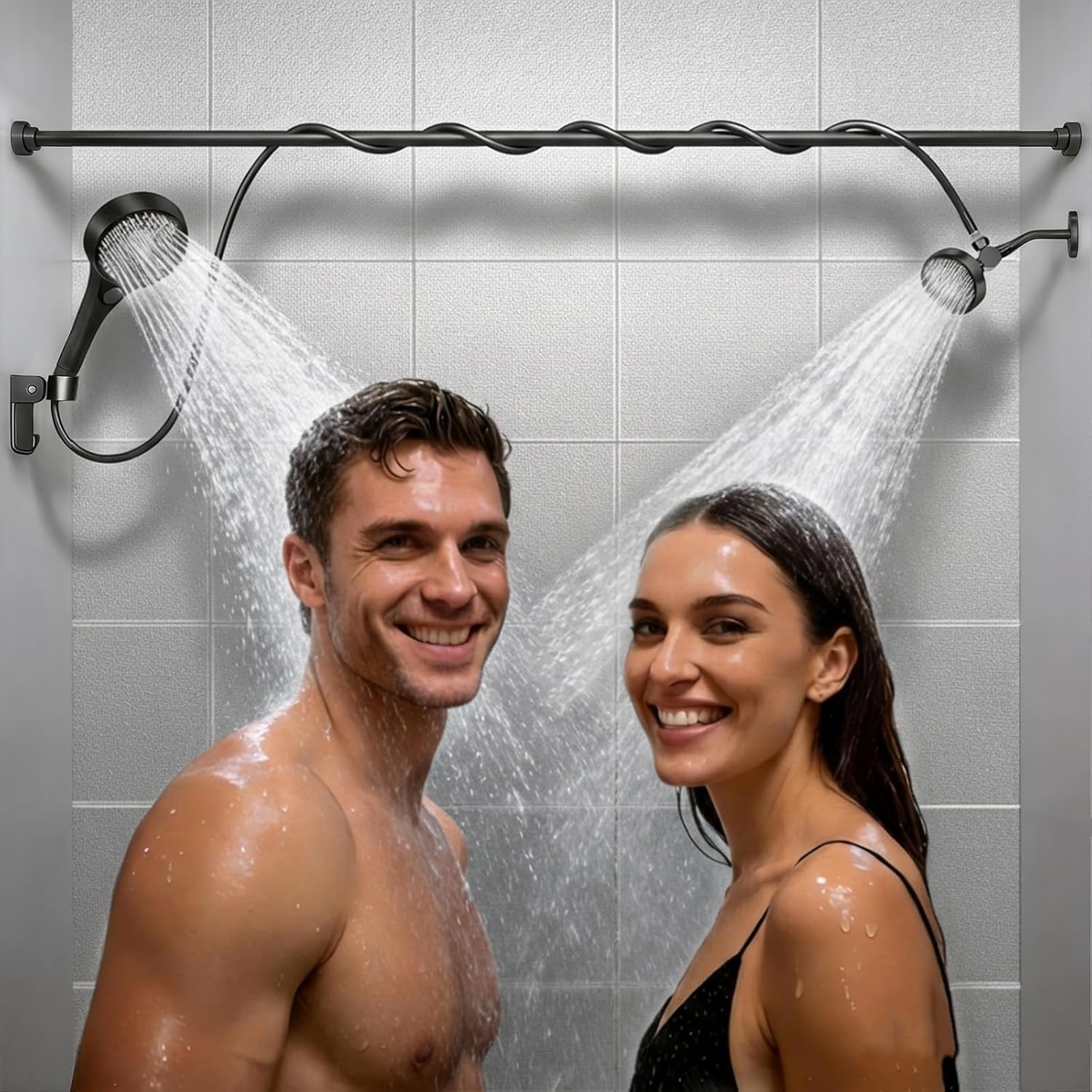 High Pressure Black Adjustable Dual Shower Head with Handheld System for Couples