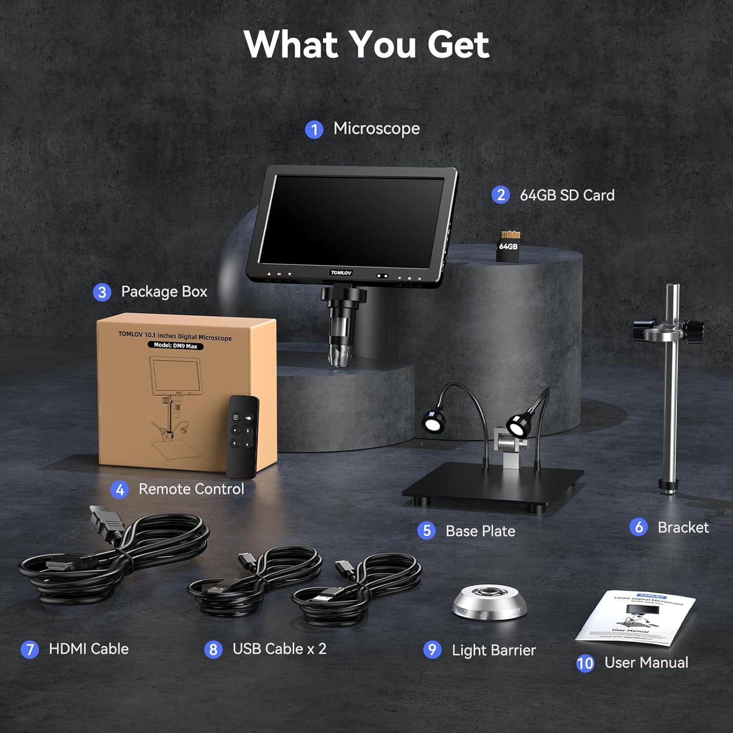 TOMLOV HDMI Digital Microscope 10" 20MP 1500X Coins Microscope Soldering Camera