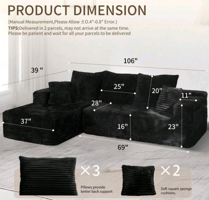 Black Corduroy Striped Sofa 106" Deep Seat Wide Arm Contemporary Couch