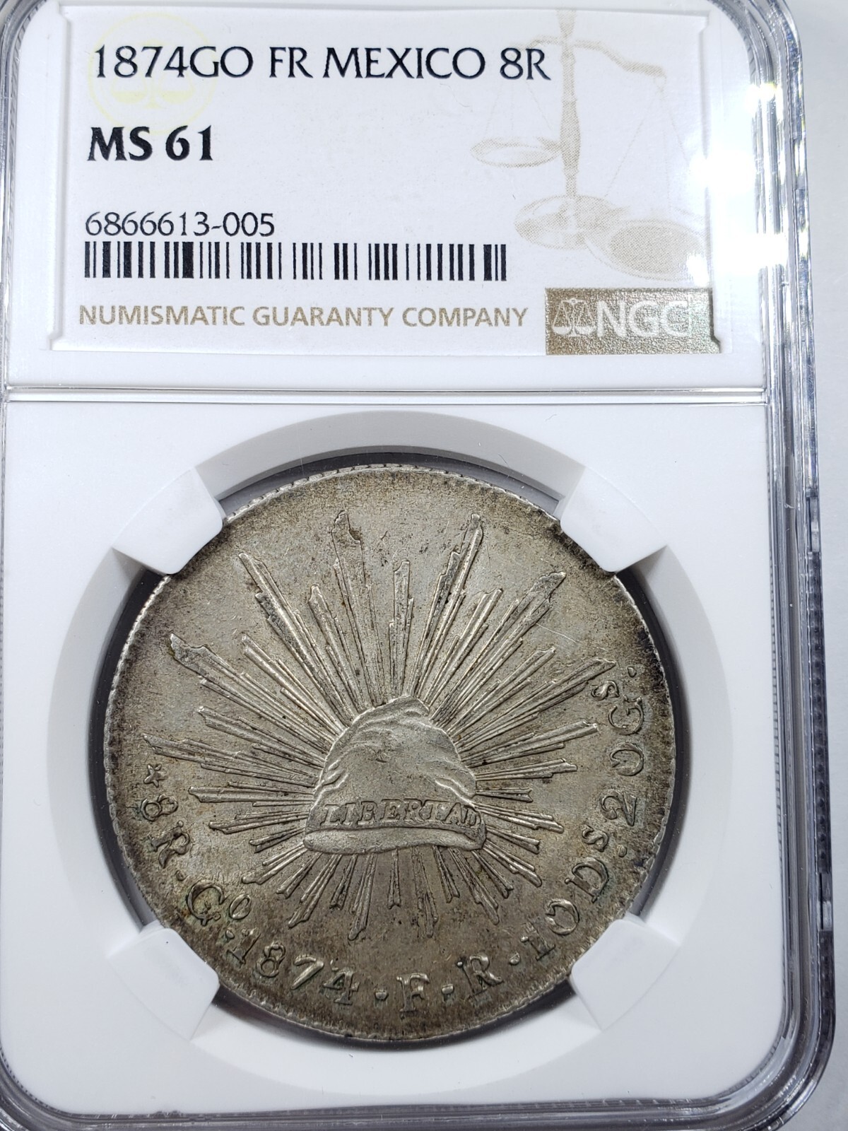 Mexico: 1874-Go FR Silver 8 Reales KM-377.8 NGC MS-61.