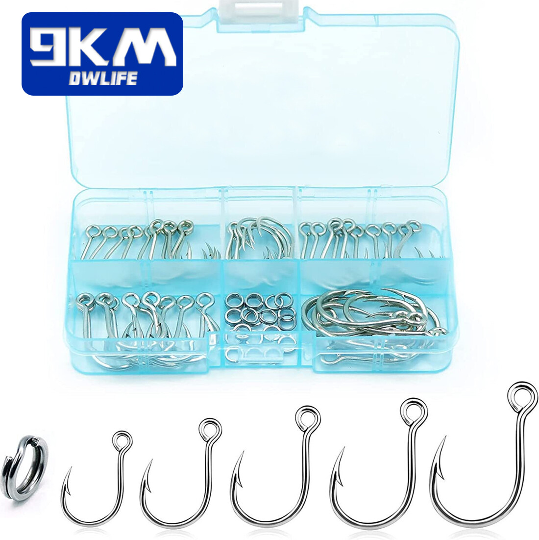 9KM 50Pcs Inline Fishing Hook Set with Split Rings Forged Eyed Hooks Saltwater