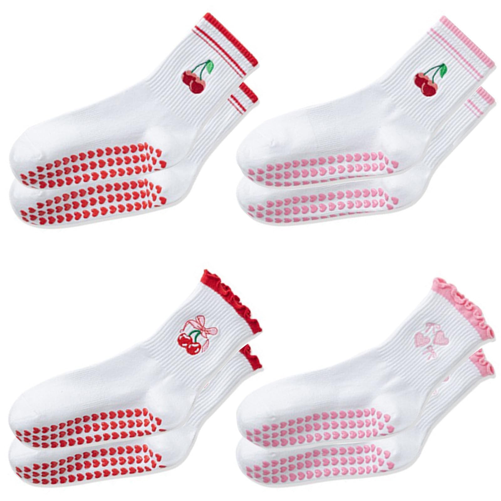 Arckiguana Pilates Socks with Grips for Women, 4 Pairs One Size, Red and Pink