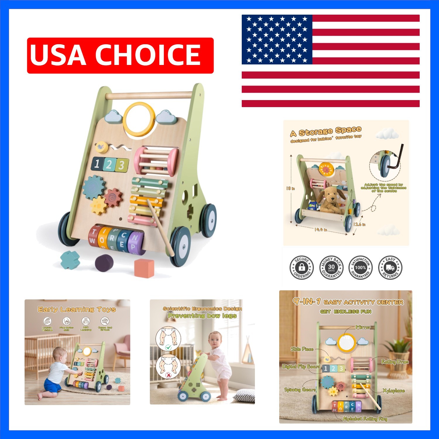 Wooden Baby Walker with Wheels, Push Toy for Boys Girls 12  | Wooden push wal...