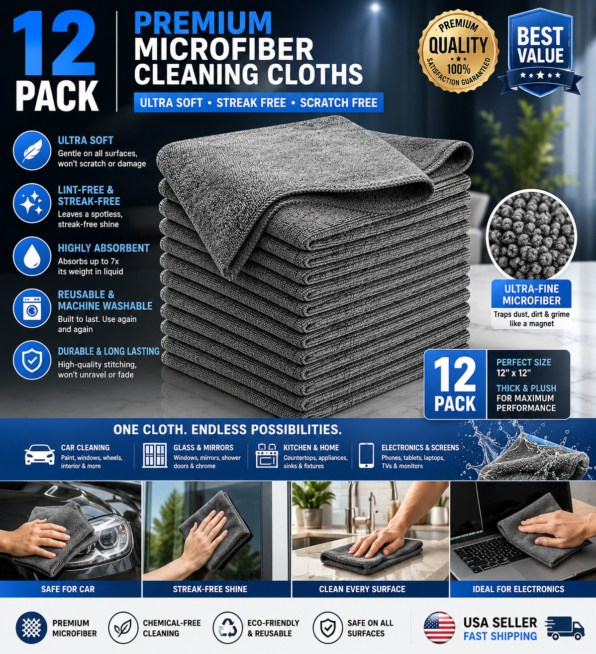 Microfiber Cleaning Cloth Grey - 12 Pcs (12.5"x12.5") - High Performance