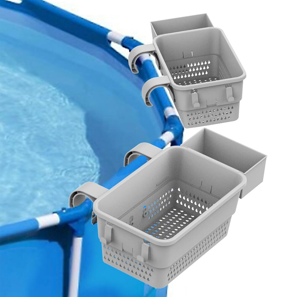 2 Pack Poolside Storage Basket with Cup Holder & Hooks for Above Ground Pool