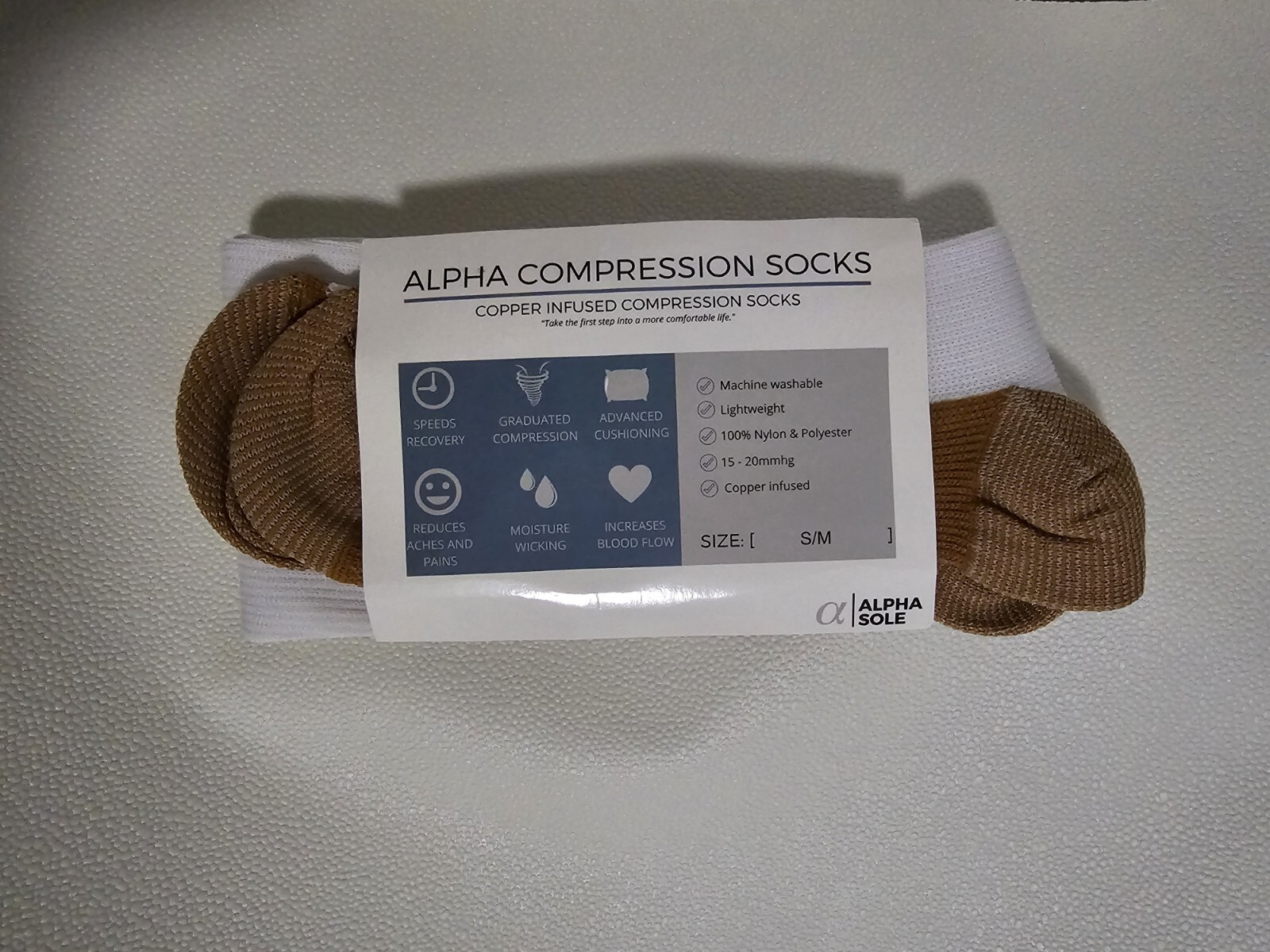 Alpha Sole - Knee High White + Copper Compression Socks