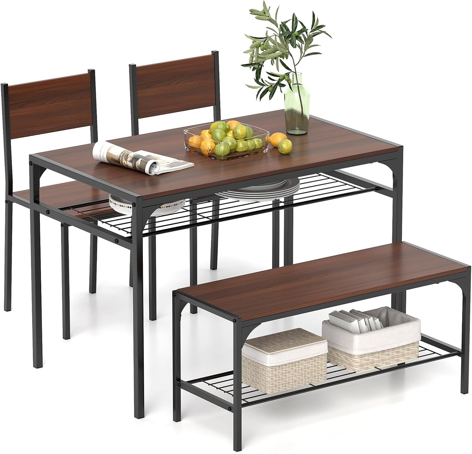 Dining Table Set 4 Kitchen Table W/ Bench & Chairs Industrial Gathering Bench