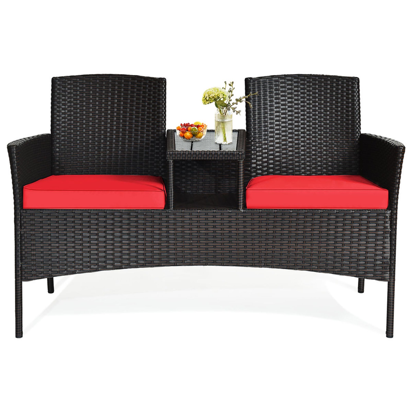 Topbuy Patio Rattan Wicker Loveseat Sofa W/ Coffee Table Turquoise/Red