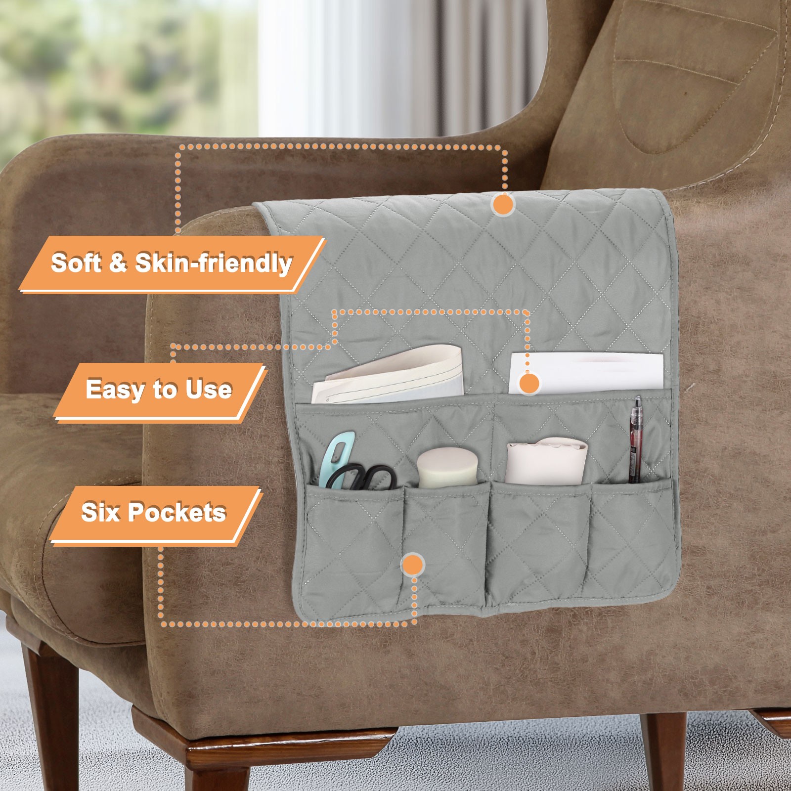 Couch Sofa Armrest Organizer Non-Slip Remote Control Organizer, Plaid Gray