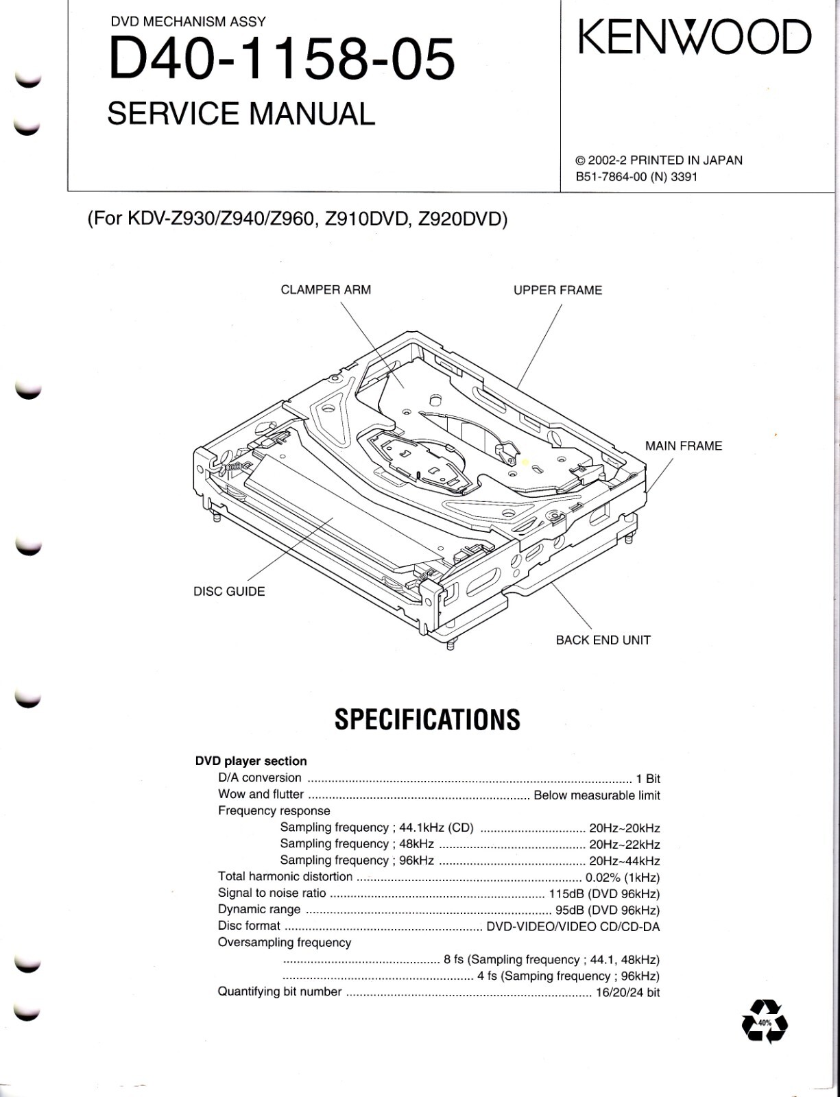 Original Kenwood D-40-1158-05 DVD Mechanism Assembly Service Manual