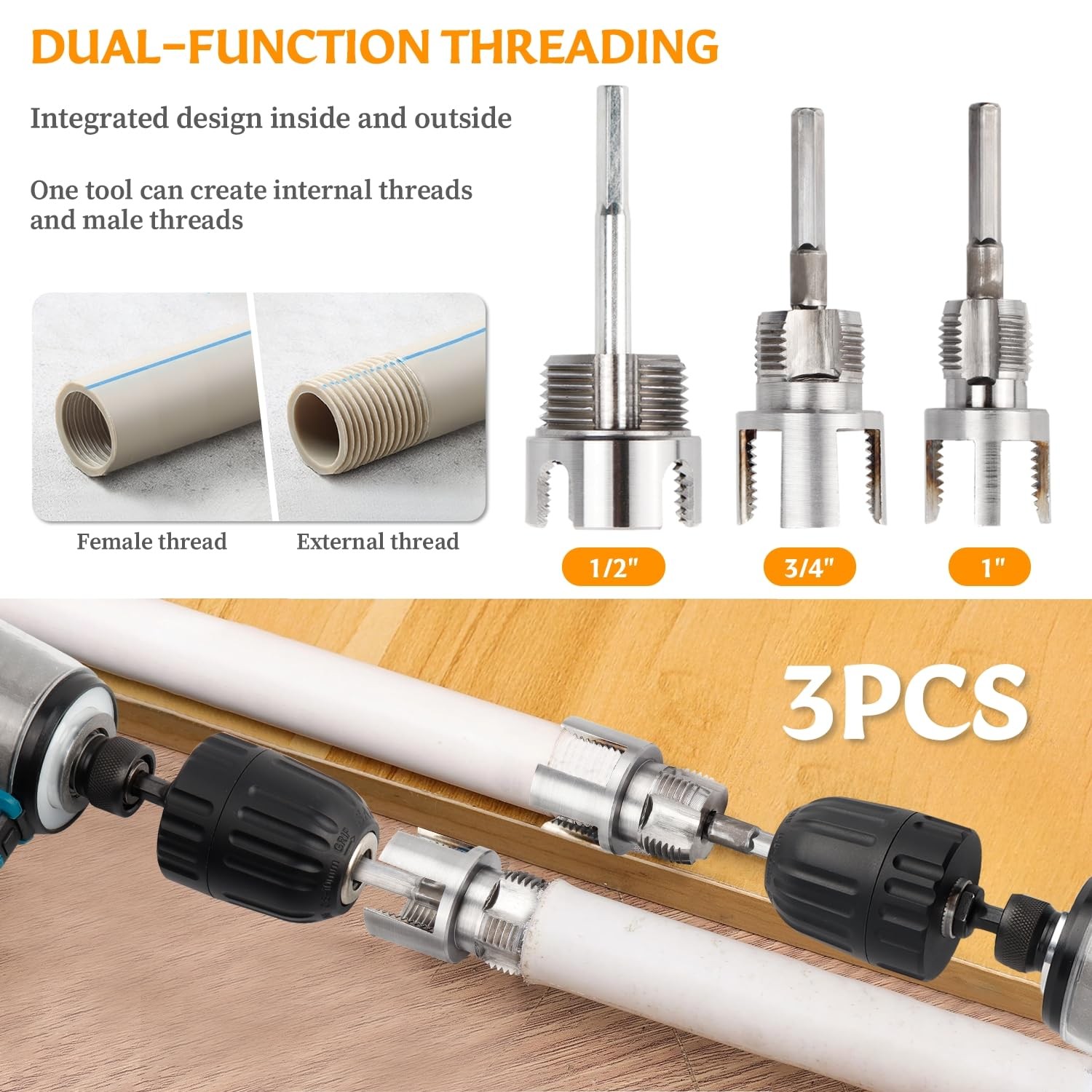 3Pcs Integrated Internal & External Pipe Threading Tool, Dual-Function Pipe