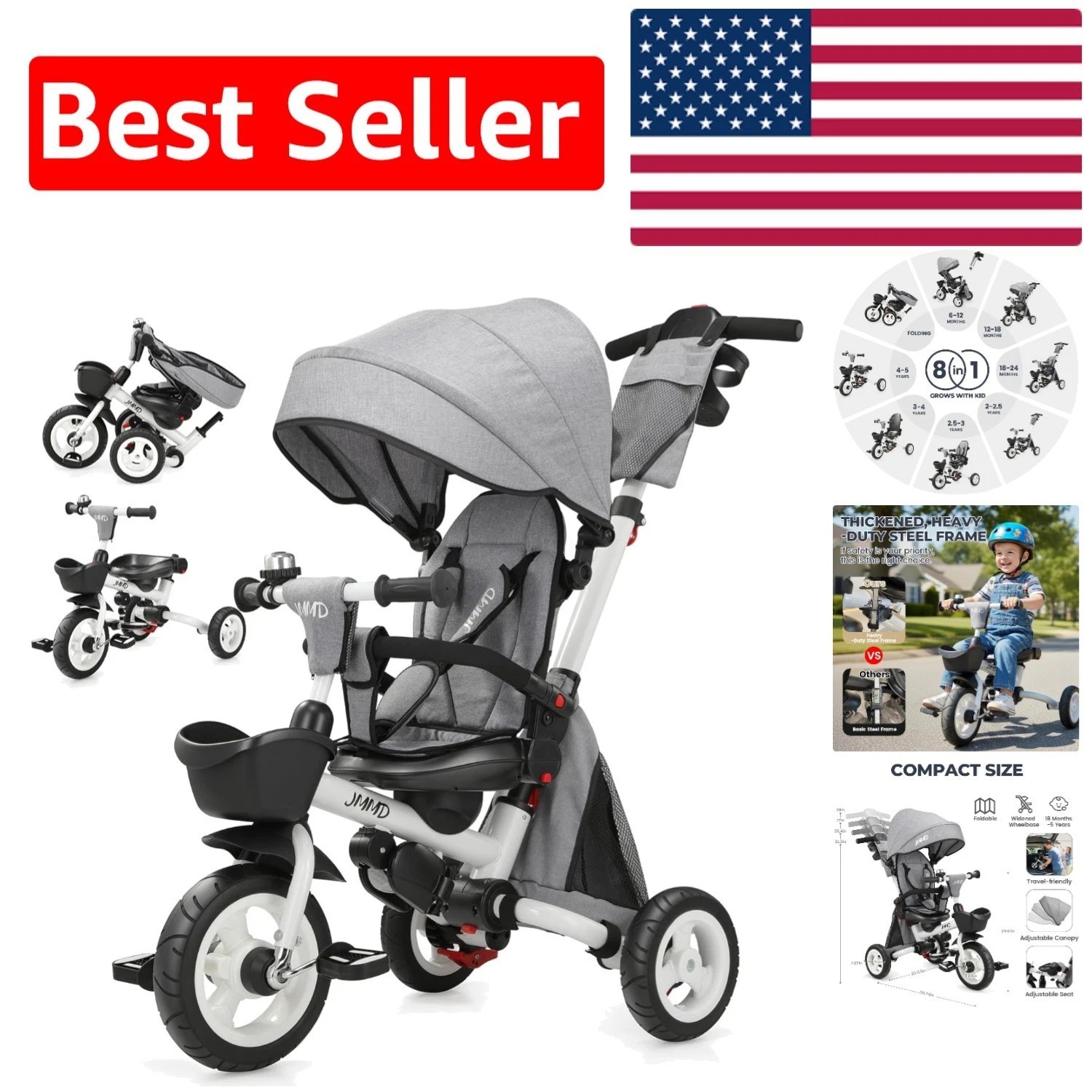 8-in-1 Luxury Tricycle Stroller with 360° Swivel Seat - Gray for Ages 18M-5Y