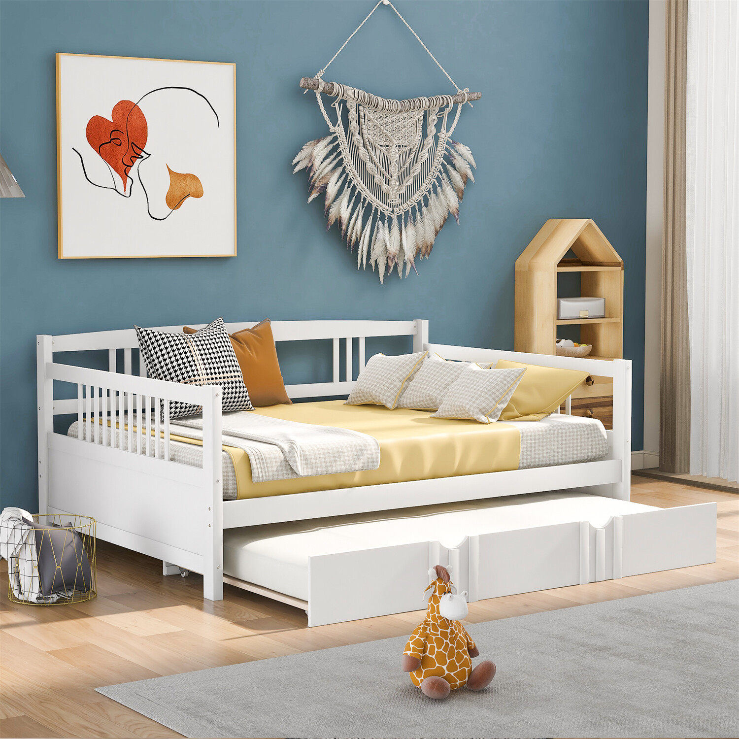 Full Size Daybed Wood Bed Frame Sofa Bed w/ Trundle Bed White/Gray/Espresso US