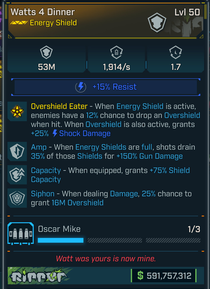 Borderlands 4 • MODDED Shield • Watts 4 Dinner 53m Cap • Lvl 50 • PS PC XBOX