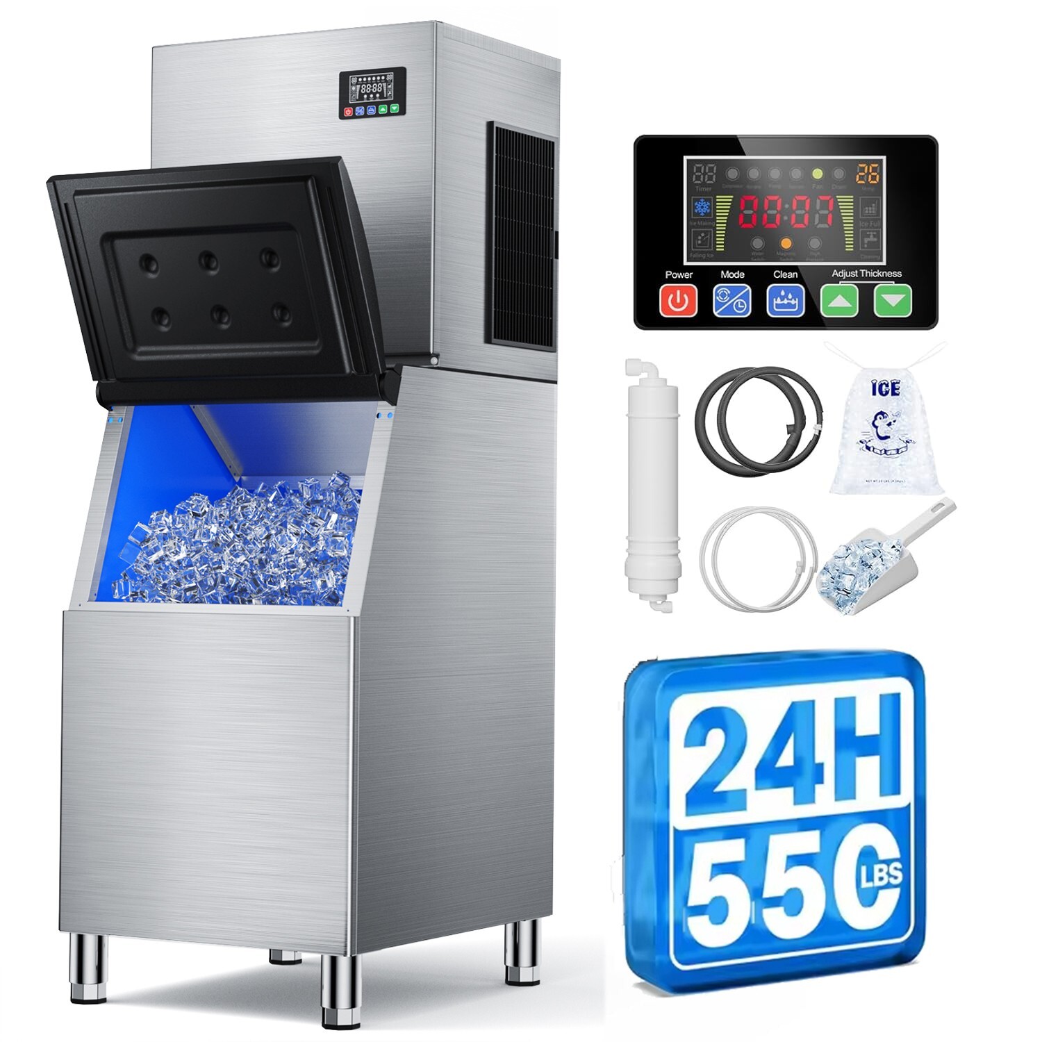 550/24H Commercial Ice Maker Machine 132 Ice Cubes Resto Cafe Bar Crusher Scoop