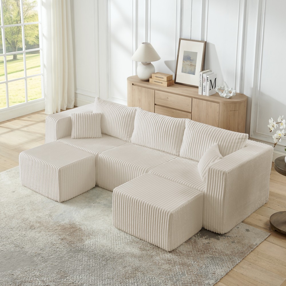 Minimalist Modular Sectional Sofa, Beige Corduroy, No Assembly, Free Ship