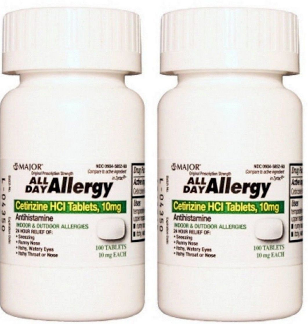 Major Cetirizine 10mg ALL DAY ALLERGY - 100 Tabs ( 2 pack ) = 200 total --