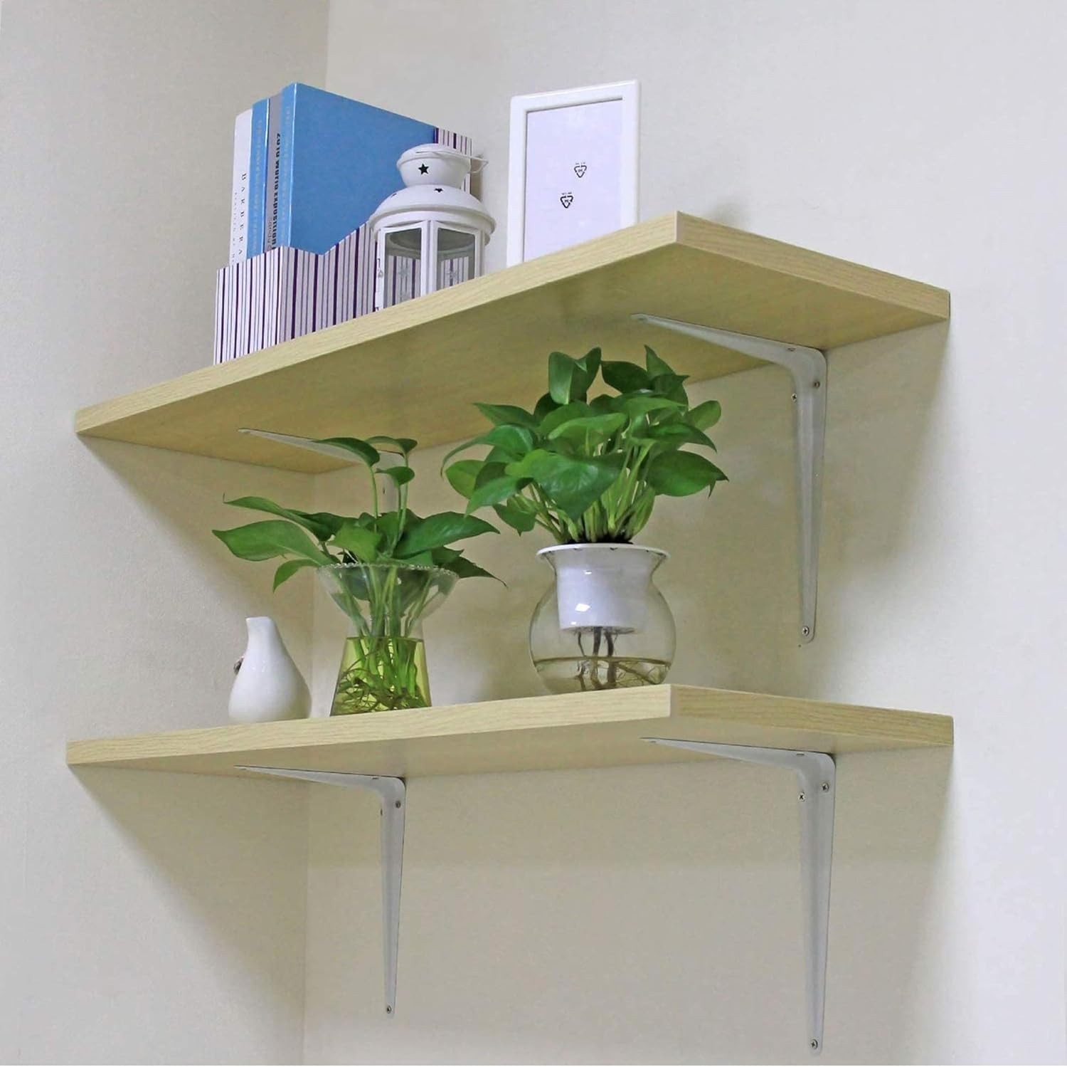 Glossy White 8" x 10" Metal Shelf Brackets | Durable Wall Mount Support, 4 Pack