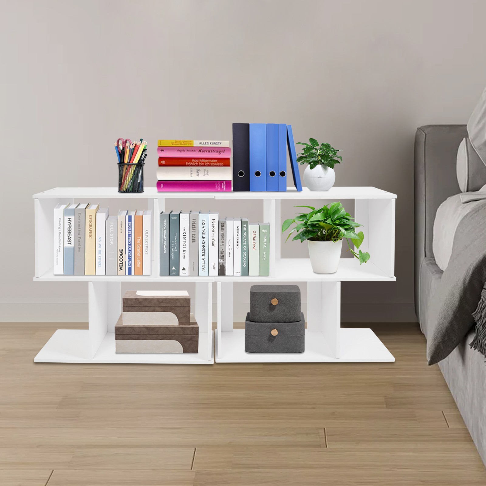 2 Tier Z Shaped Open Bookcases Freestanding Display Bookshelf Storage Cabinet