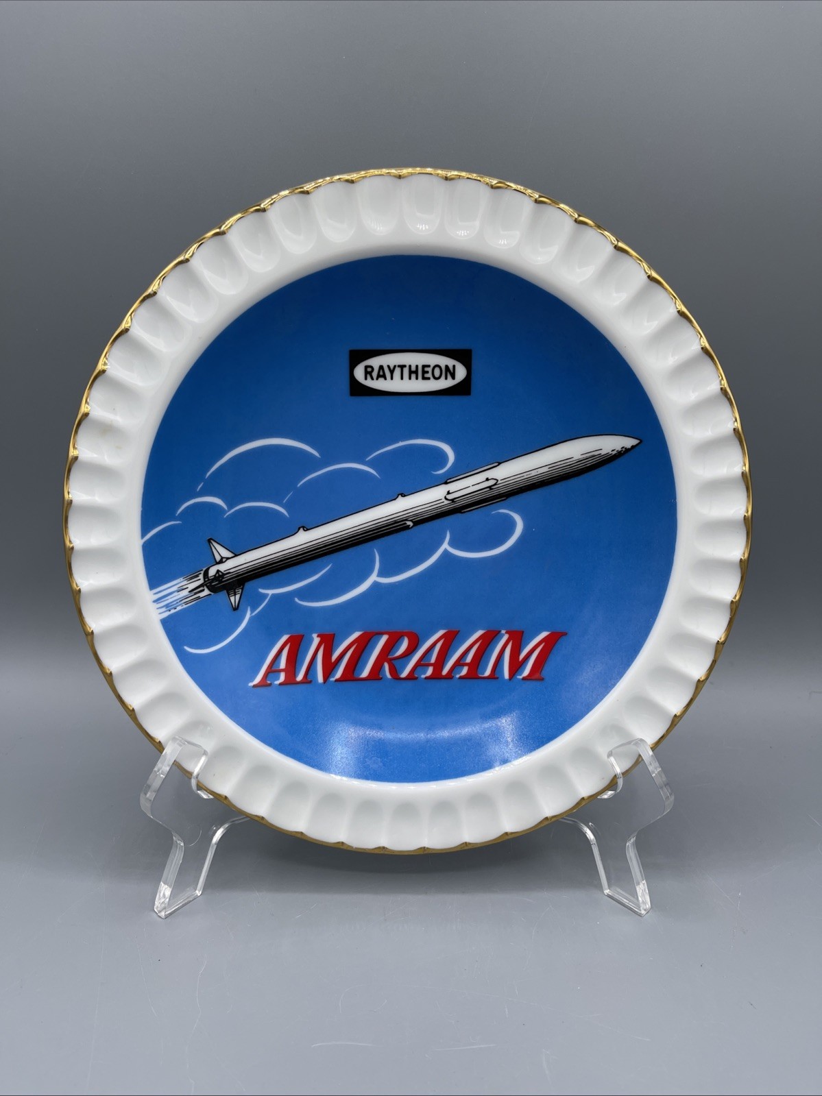 Vintage AMRAAM Missile Raytheon Collectors Decorative Plate With Gold Tone Rim