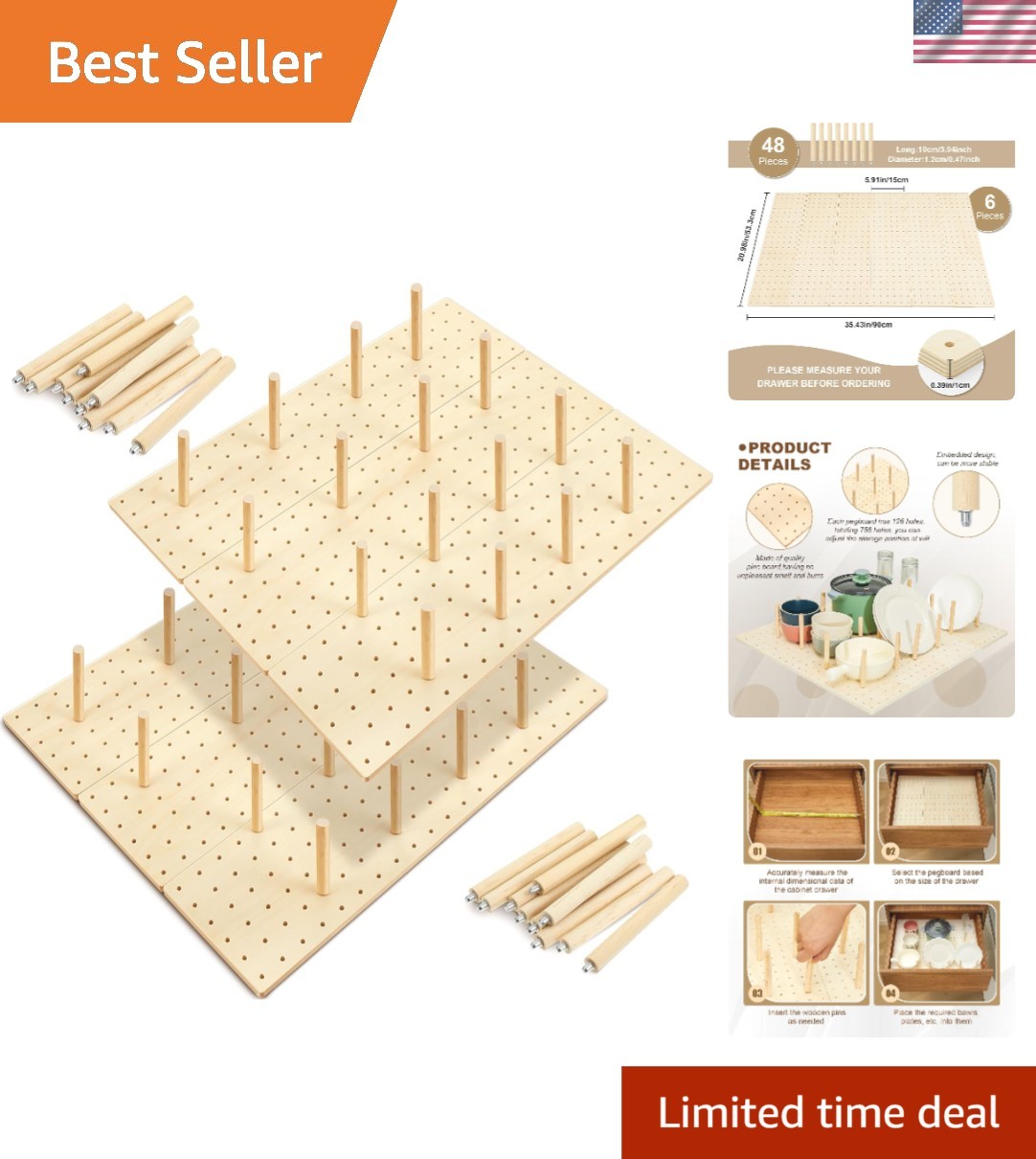 Polished Wood Peg Drawer Organizer with 48 Pegs - Perfect for Kitchen Essentials