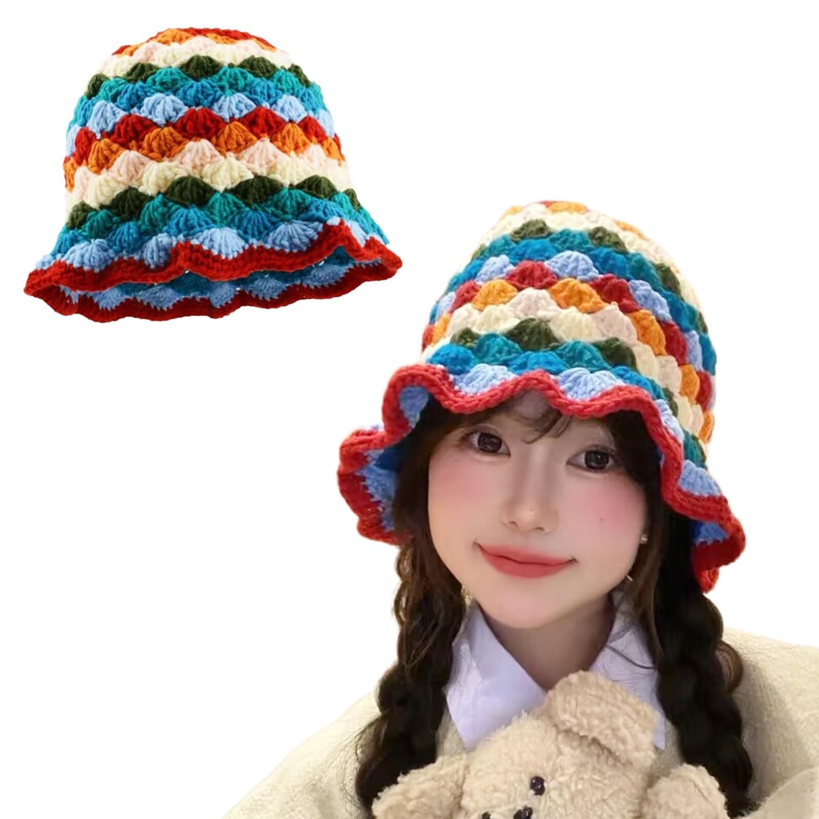 Multicolor Crochet Bucket Hat for Women and Girls, Winter Knit Fisherman Hat ...