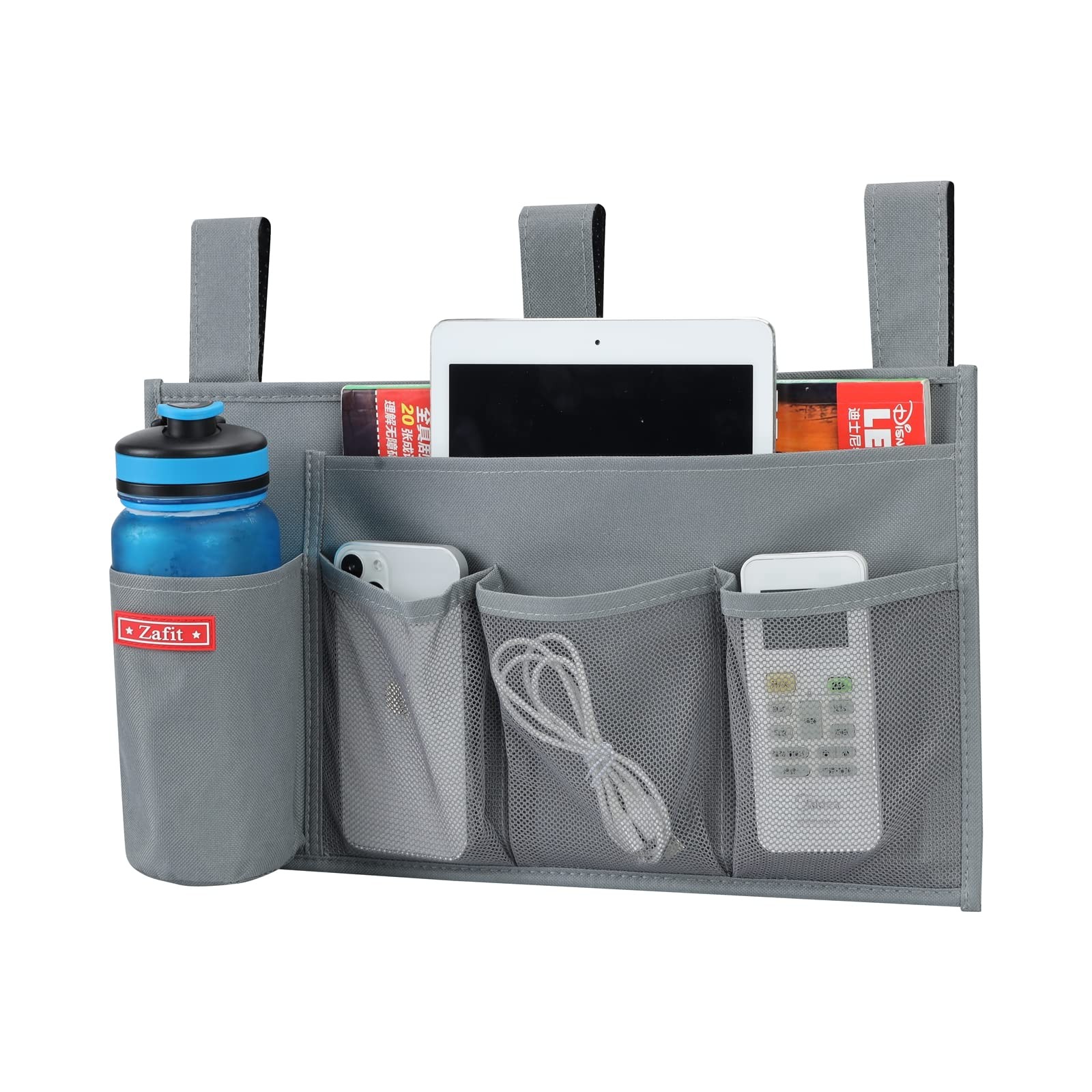Hanging Bedside Caddy Storage Organizer Magazine Phone Remote 5 Pockets Grey