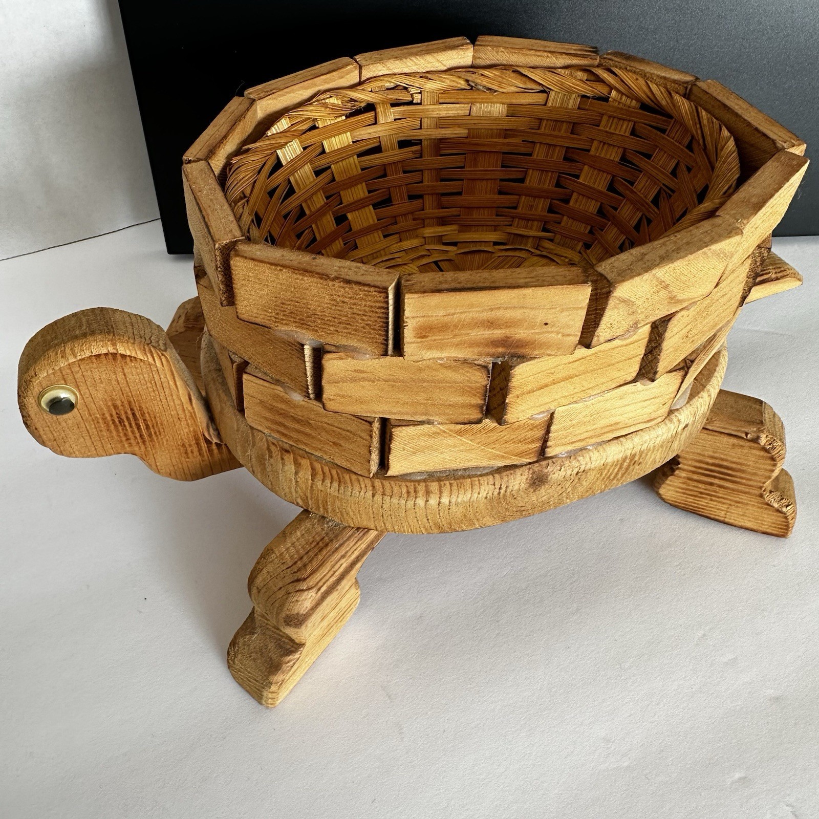 Wooden Turtle Basket with Woven Wicker Insert Boho Folk Art Style Decor