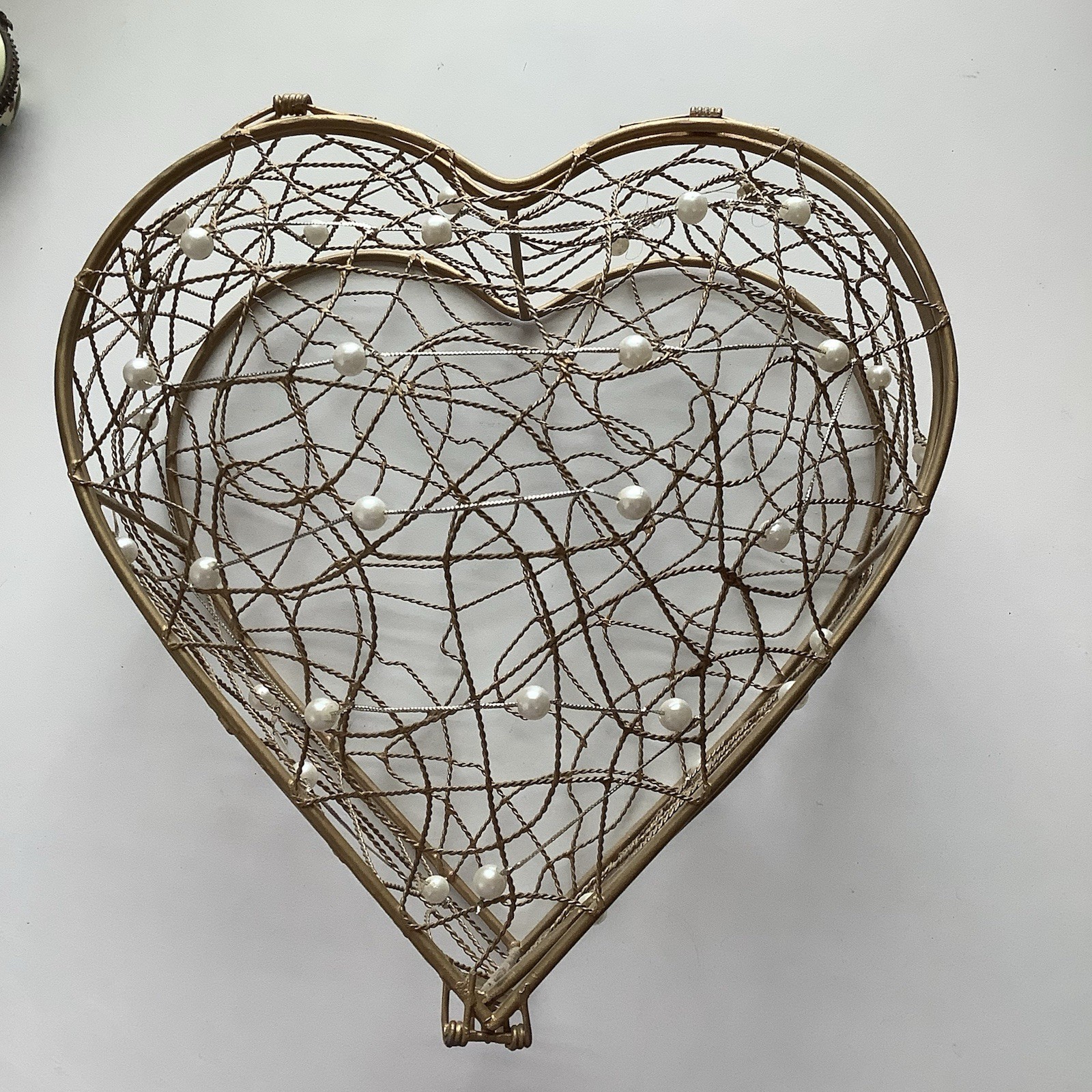 Gold Tone Wire Open Heart Lidded Basket With Faux Pearl Accents